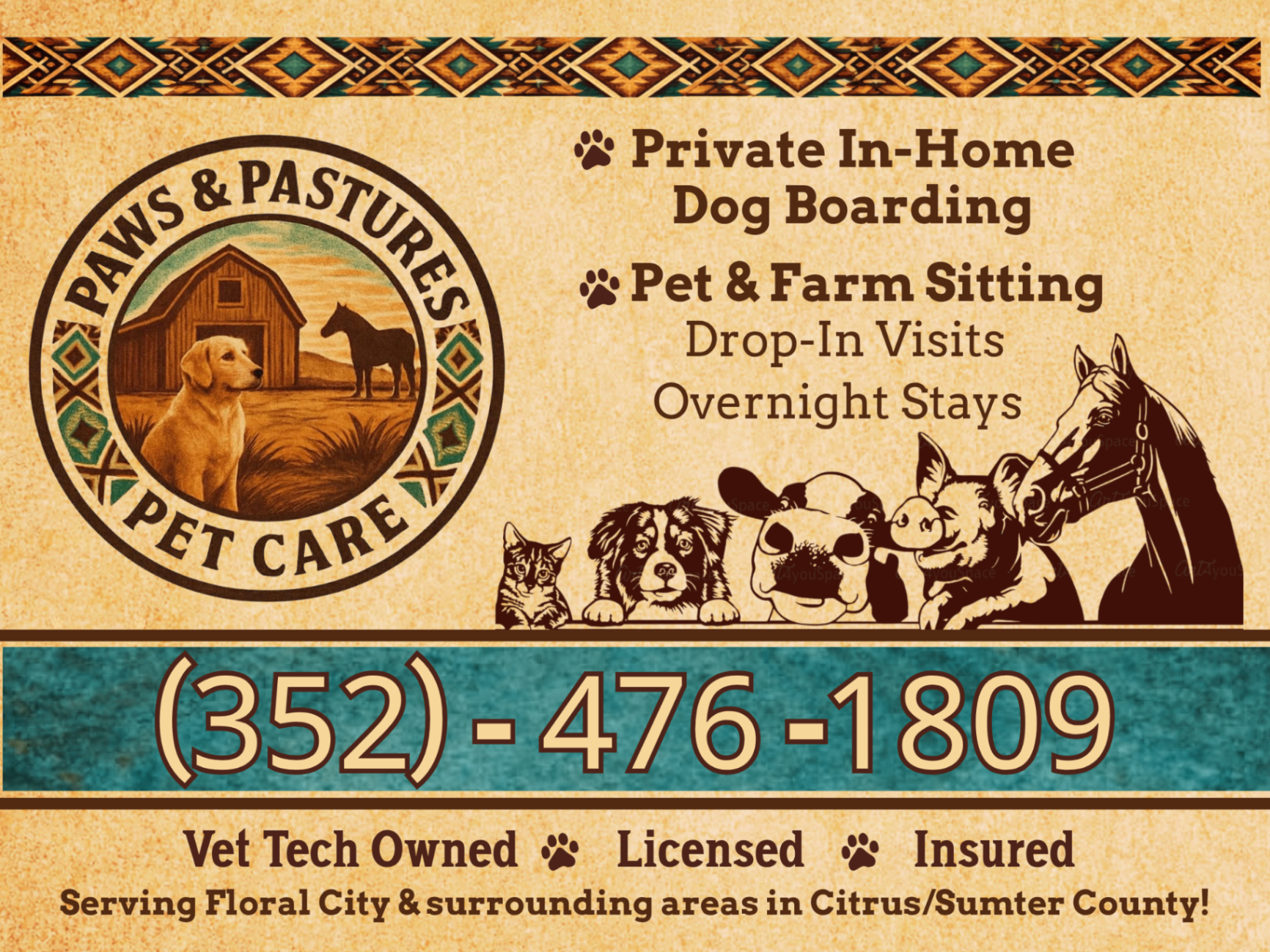 Paws & Pastures Pet Care business card — (352) 476-1809