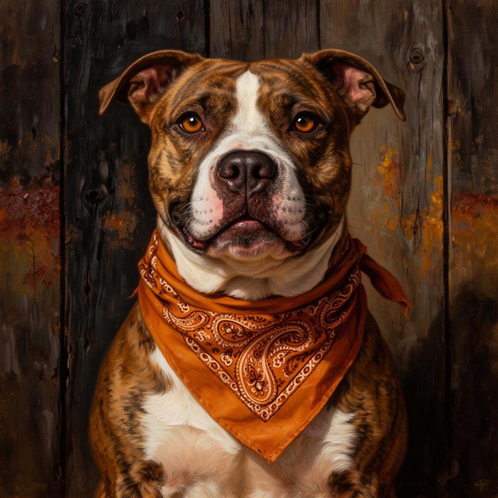 Painted western portrait of a friendly pitbull in an orange paisley bandana