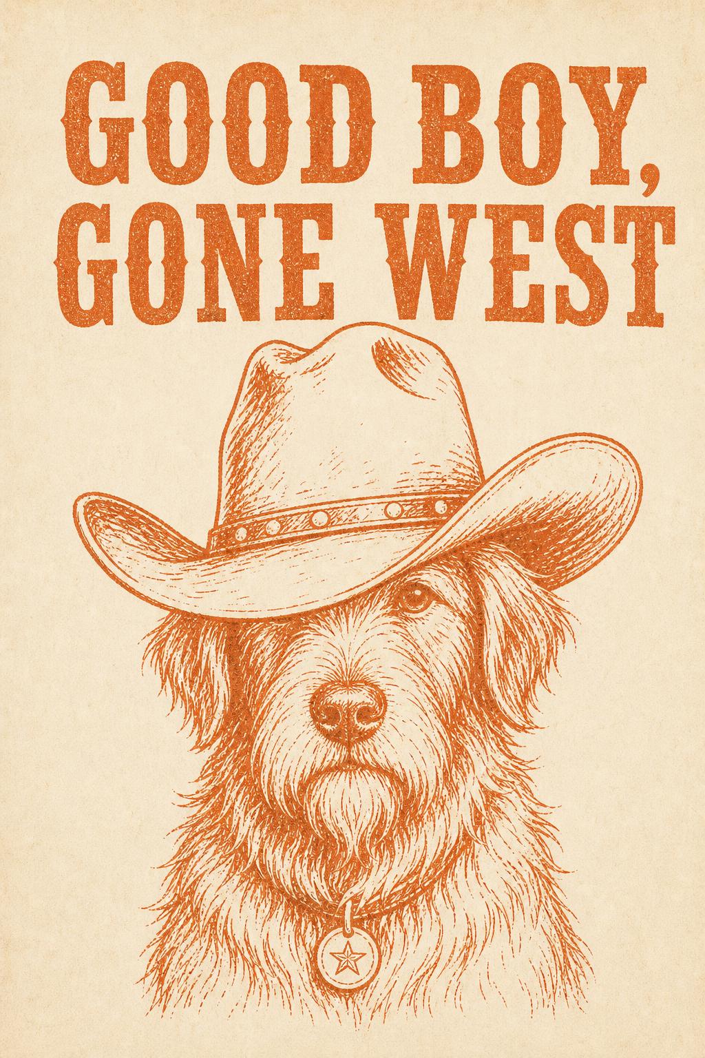 Good Boy, Gone West — shaggy ranch dog in a cowboy hat