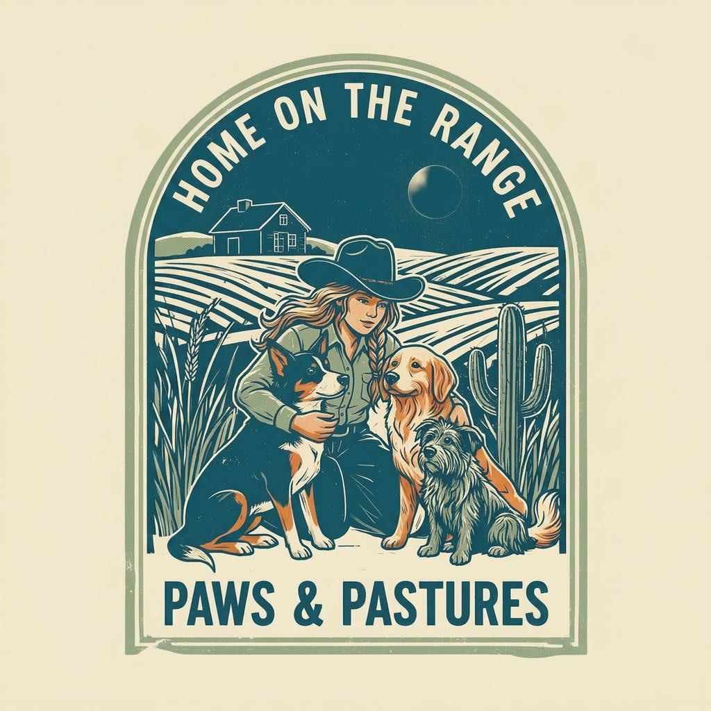 Home on the Range Paws & Pastures teal vintage badge