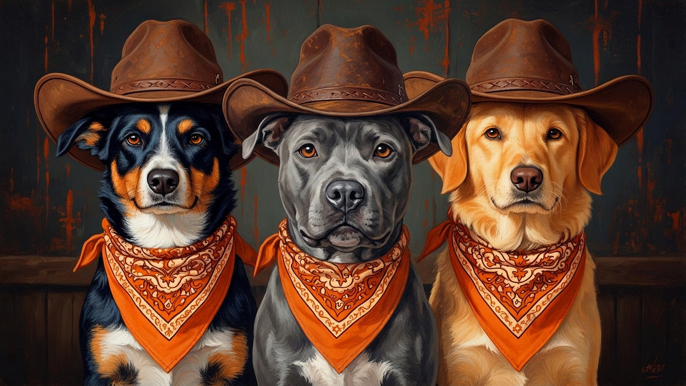 Vintage sepia photograph of a pack of ranch dogs on a wooden porch